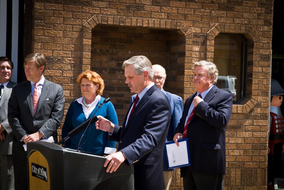 Economic Development Grant Announcement-May, 2013- Senator Hoeven is joined by state and local leaders to announce an $18 million dollar grant from the U.S. Economic Development Administration for Minot's Imagine Downtown project.
